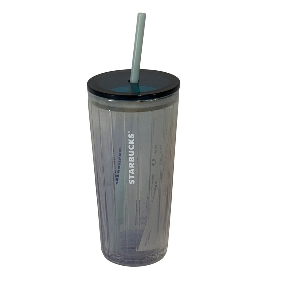 Starbucks 2020 Clear Ribbed Glass Cold Cup Tumbler 18oz Teal Lid Straw NEW